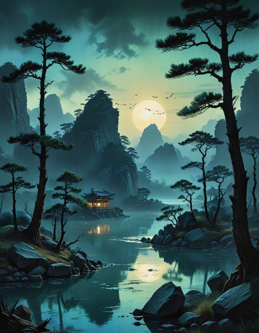 Ethereal Scholar's Oasis in Dreamlike Chinese Landscape