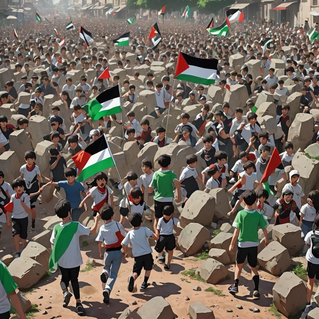 Children, Palestine Flag and Slime in 3D Anime Art