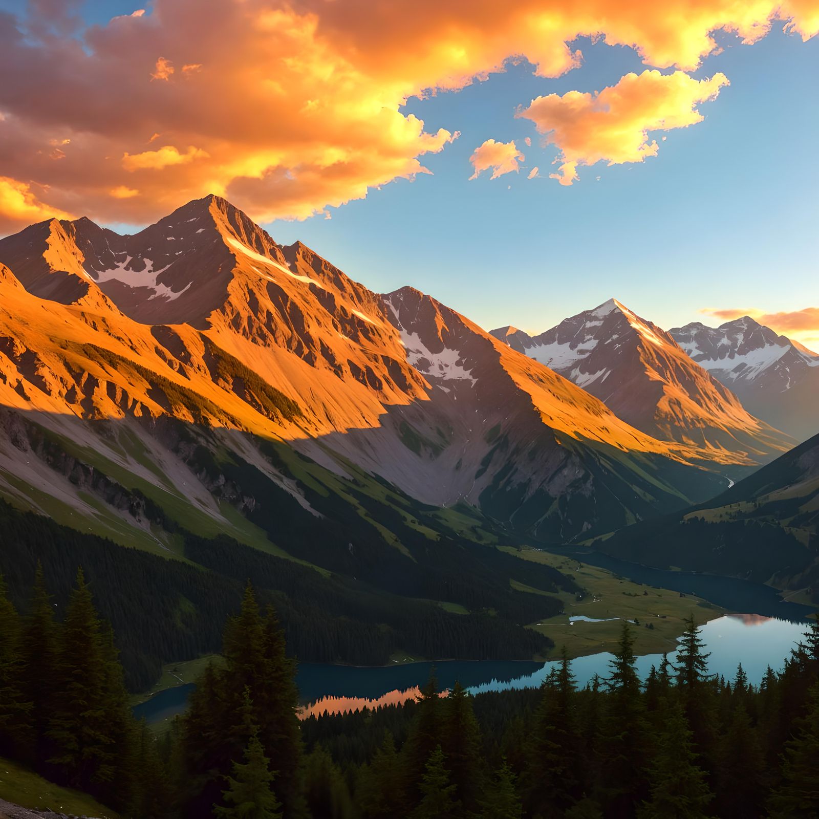 Sunset Over High Peak Mountains with Lake View