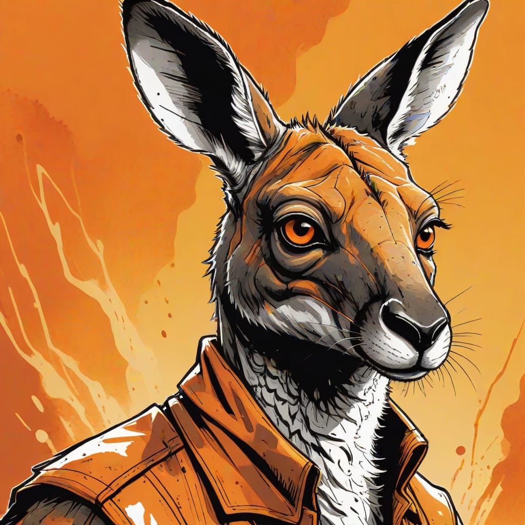 Kangaroo Comic Book Ink Illustration in Orange Hues