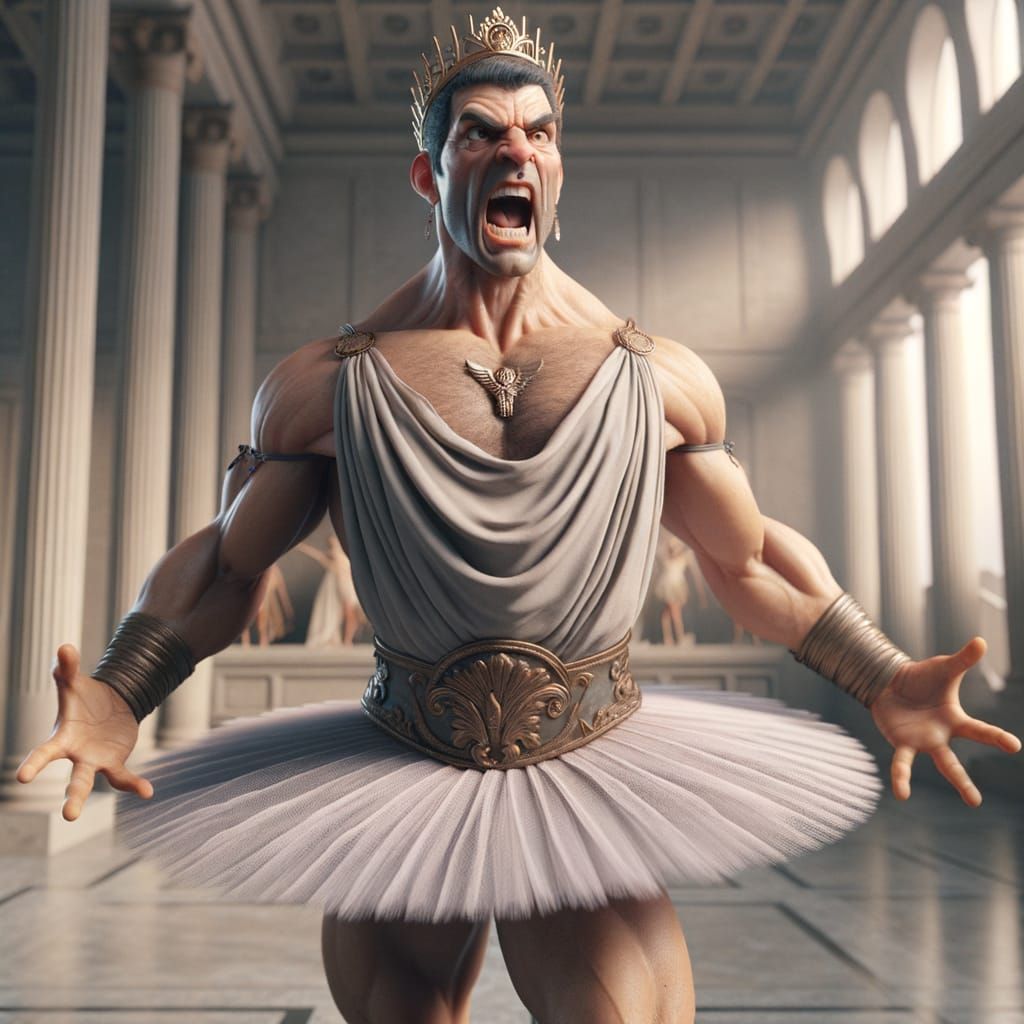 Furious Julius Caesar as Ballerina in Photorealistic Style