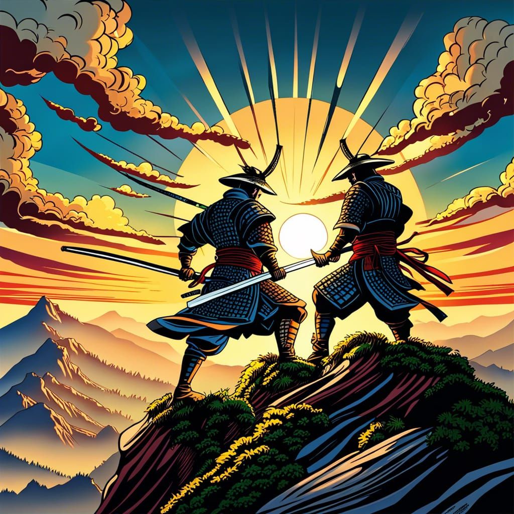 Samurai Duel Atop Mountain in Anime Style