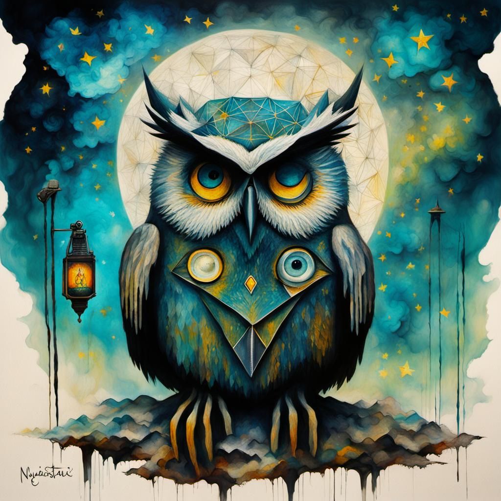 Surreal Owl Namaste in Abstract Expressionism