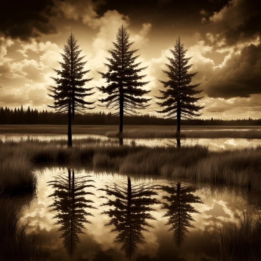 Sepia Spruce Trees Reflected in Field