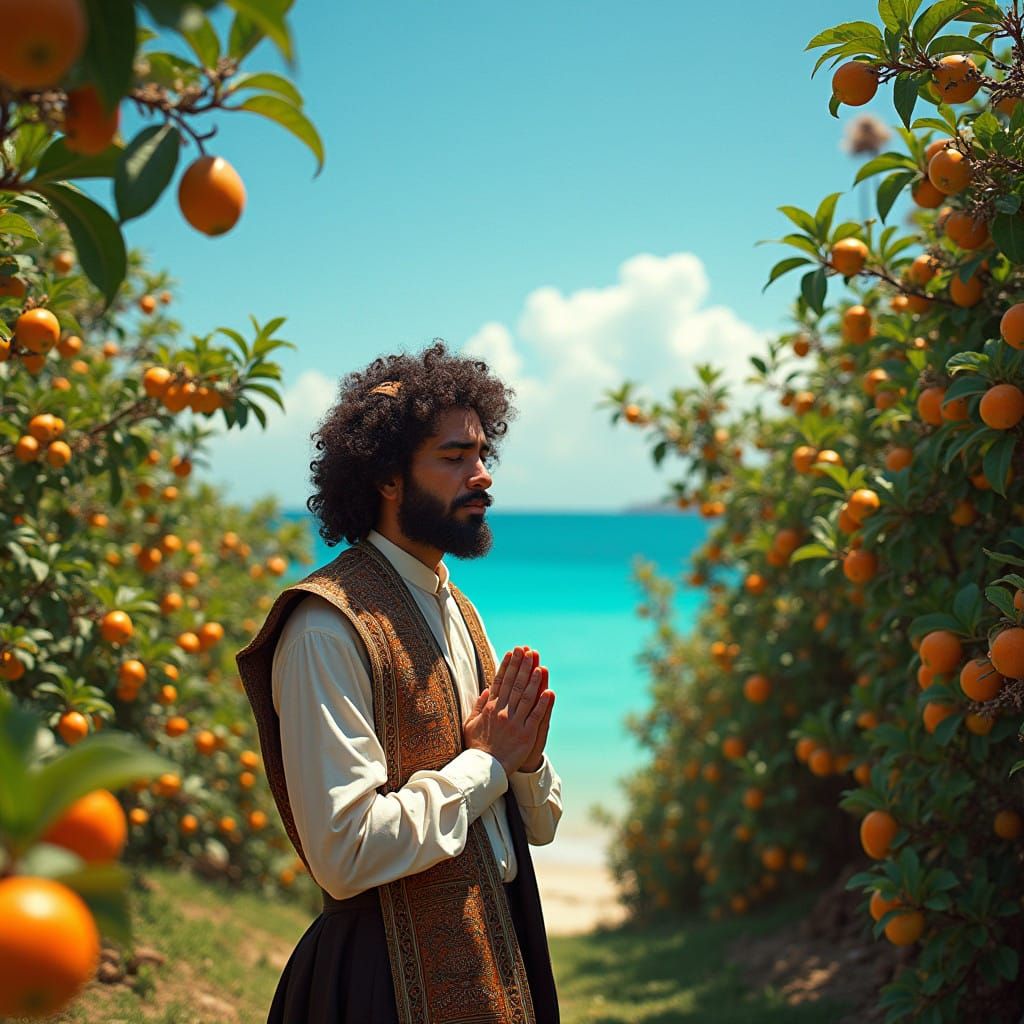 Devout Man Prays Among Vibrant Fruit Trees in a Serene Blue...