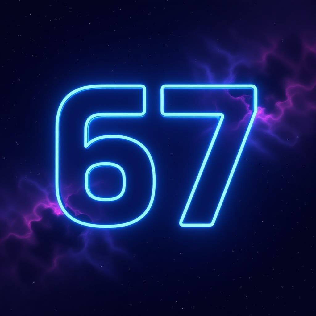 Stylized Neon Number 67 in Cosmic Scene