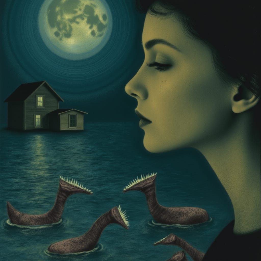 Ethereal Woman on Moonlit Shore with Spectral Ghost