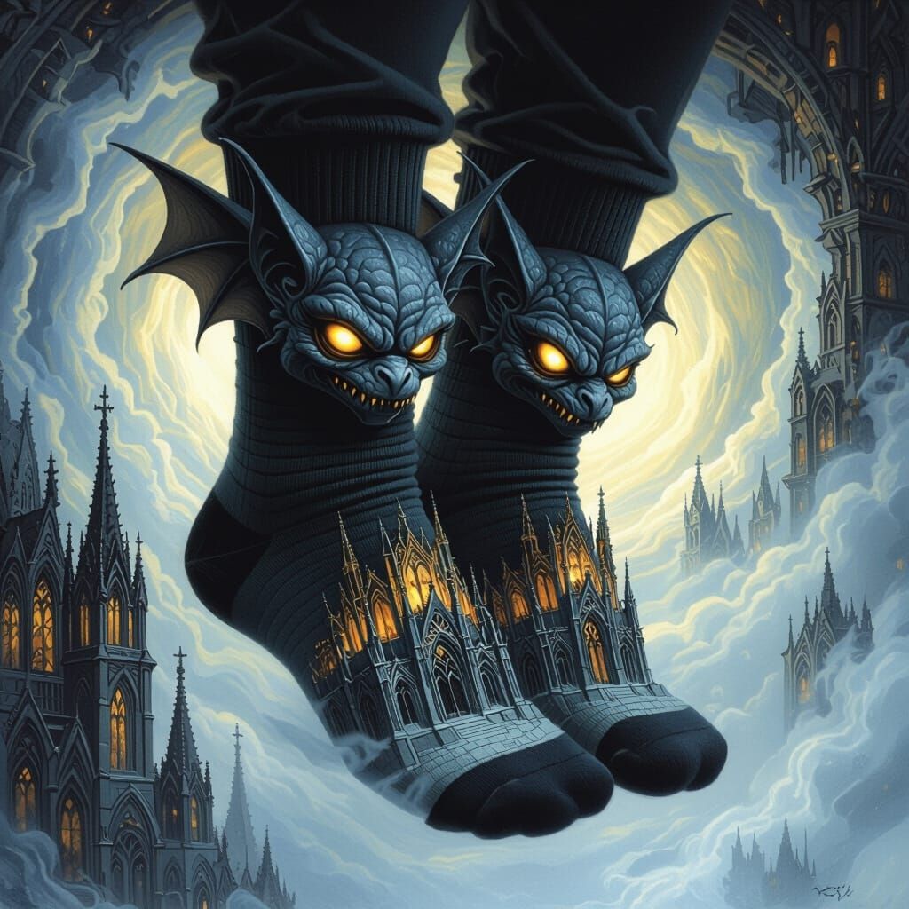 Gargoyle Socks on Gothic Cathedrals in Dark Fantasy Style