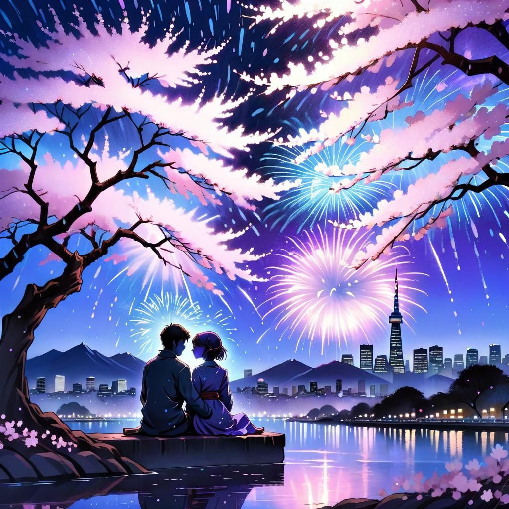 Couple Under Cherry Blossom Tree with Fireworks