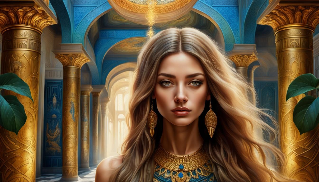 "beautiful Egyptian paintings painted in a large ornate hall...