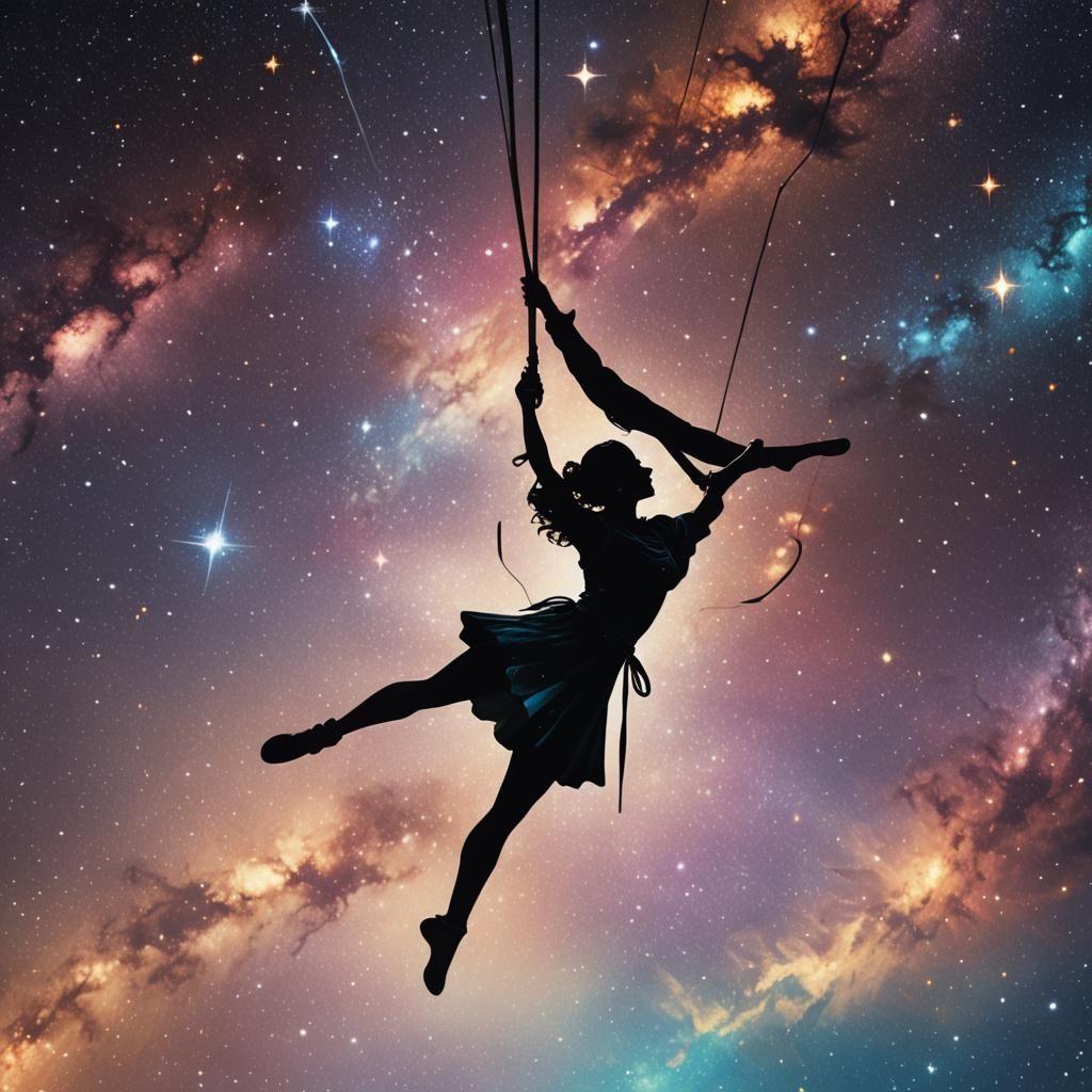 Trapeze Artist in Silhouette Against Cosmos, Splash Art