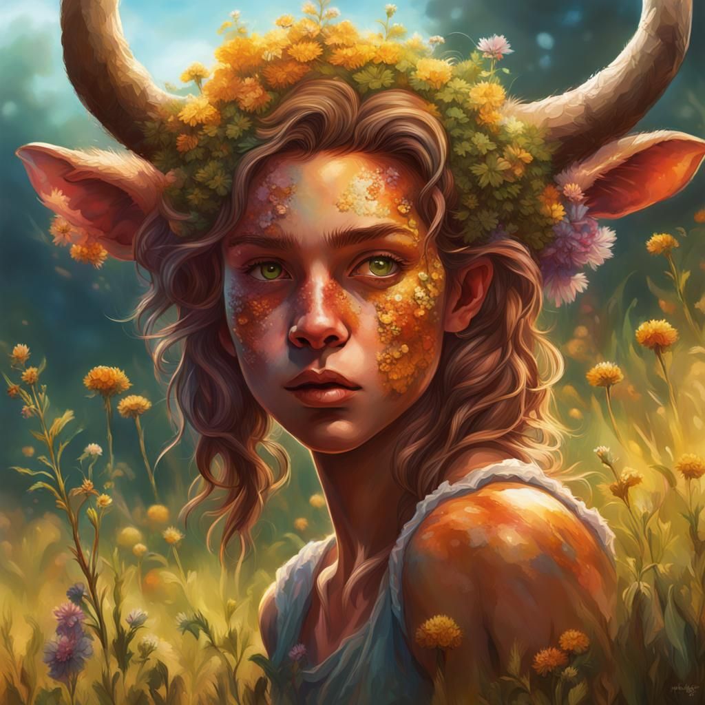 Hyperrealistic Satyr Girl in Colorful Meadow