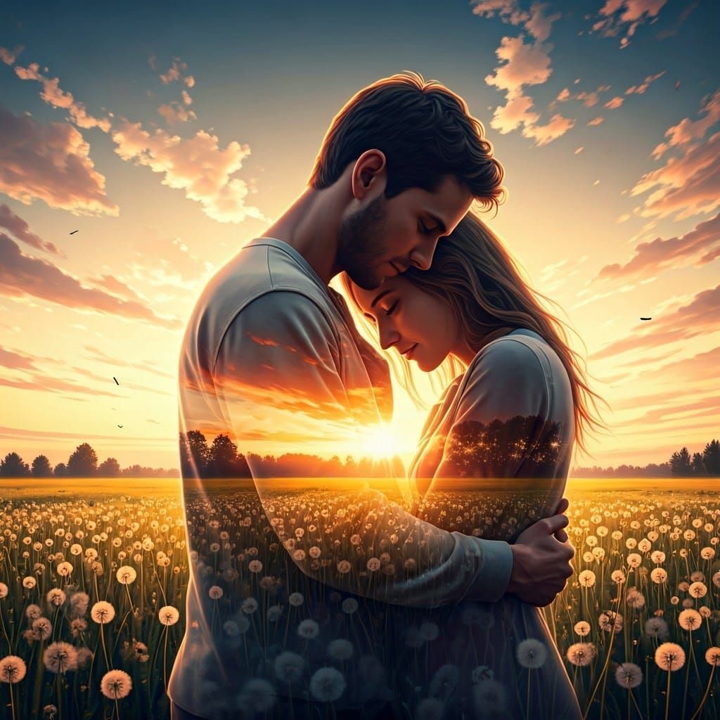 Couple Embracing in Dreamy Sunrise Landscape