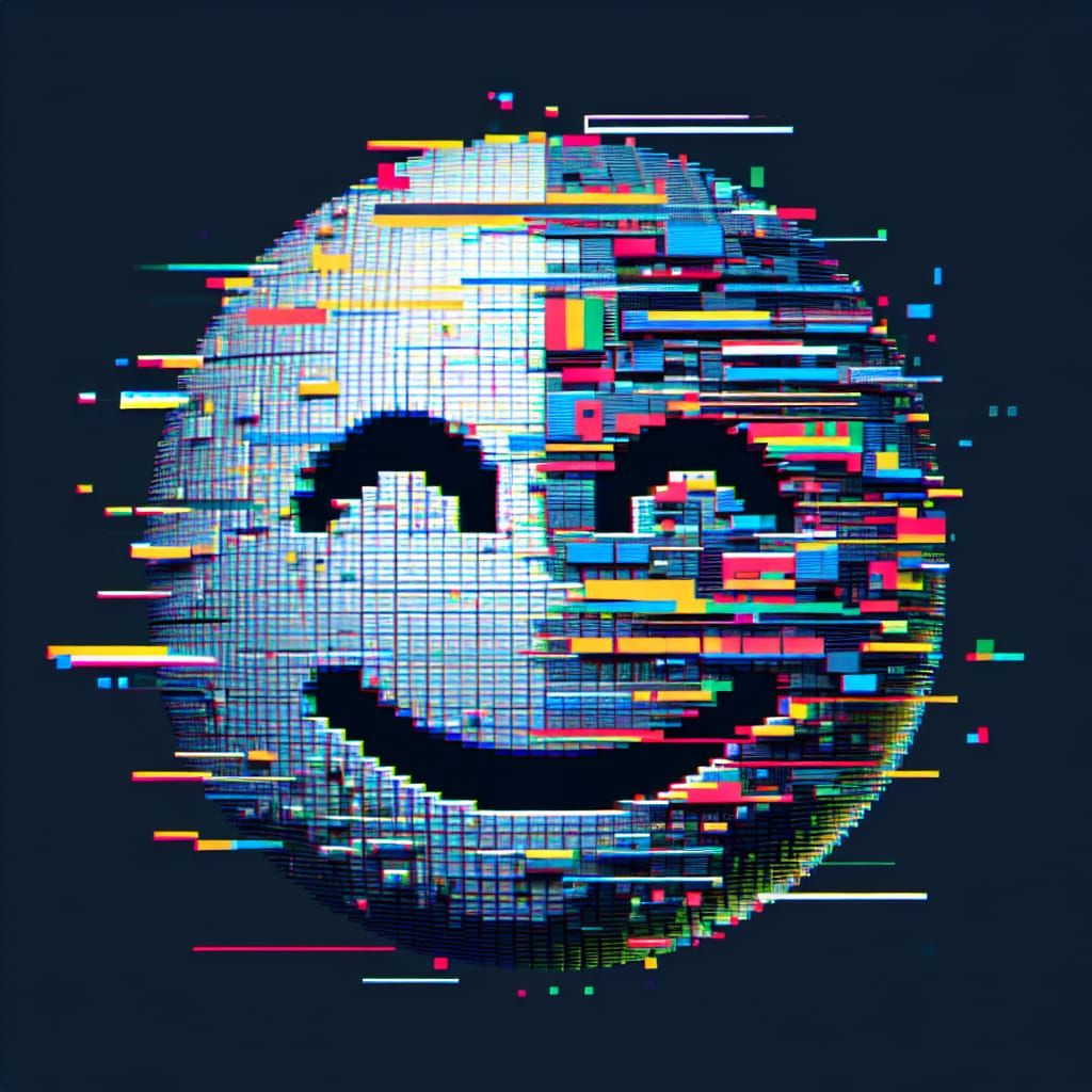 Surreal Digital Smiling Face with Glitch Artifacts