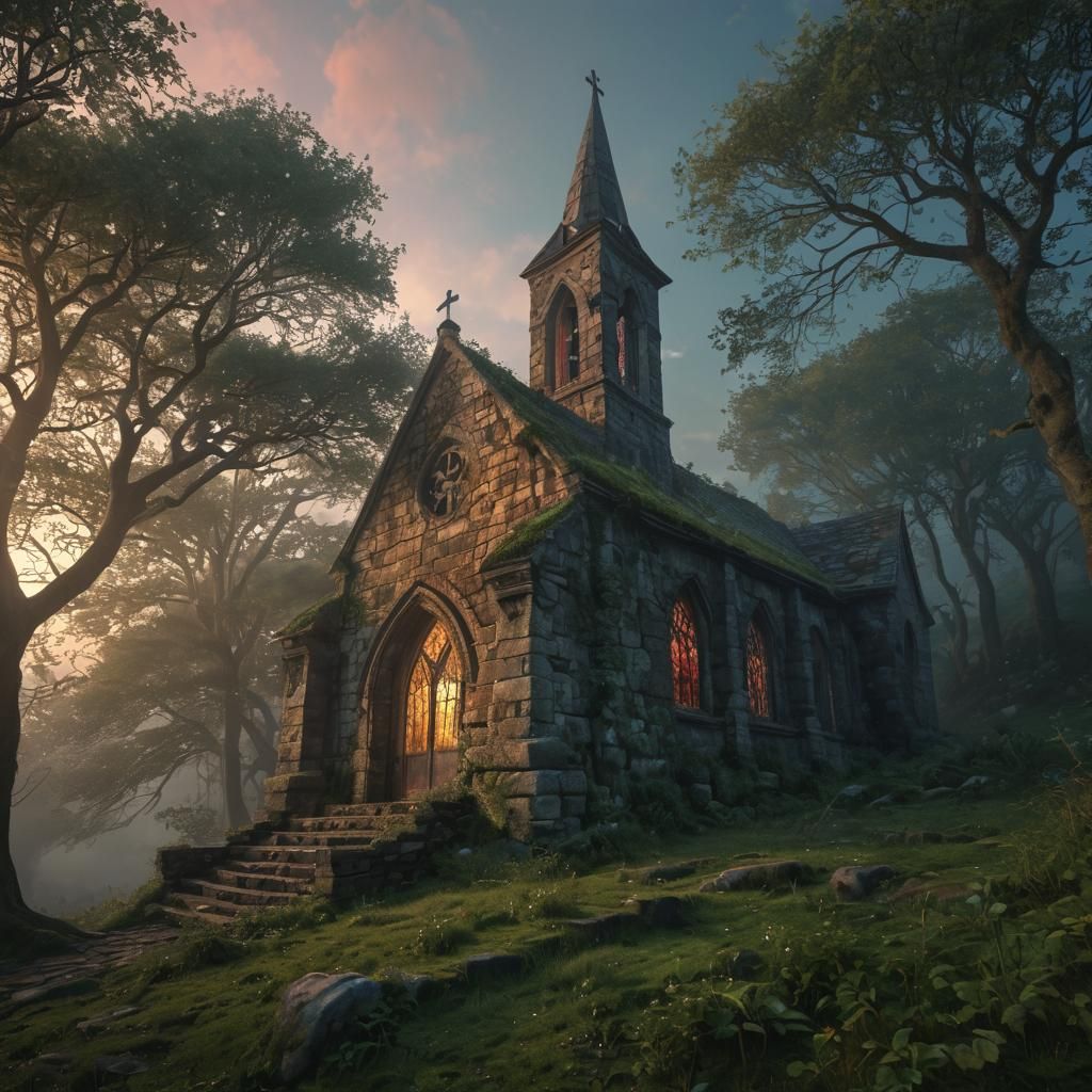Abandoned Chapel on Hill in Atmospheric Lighting