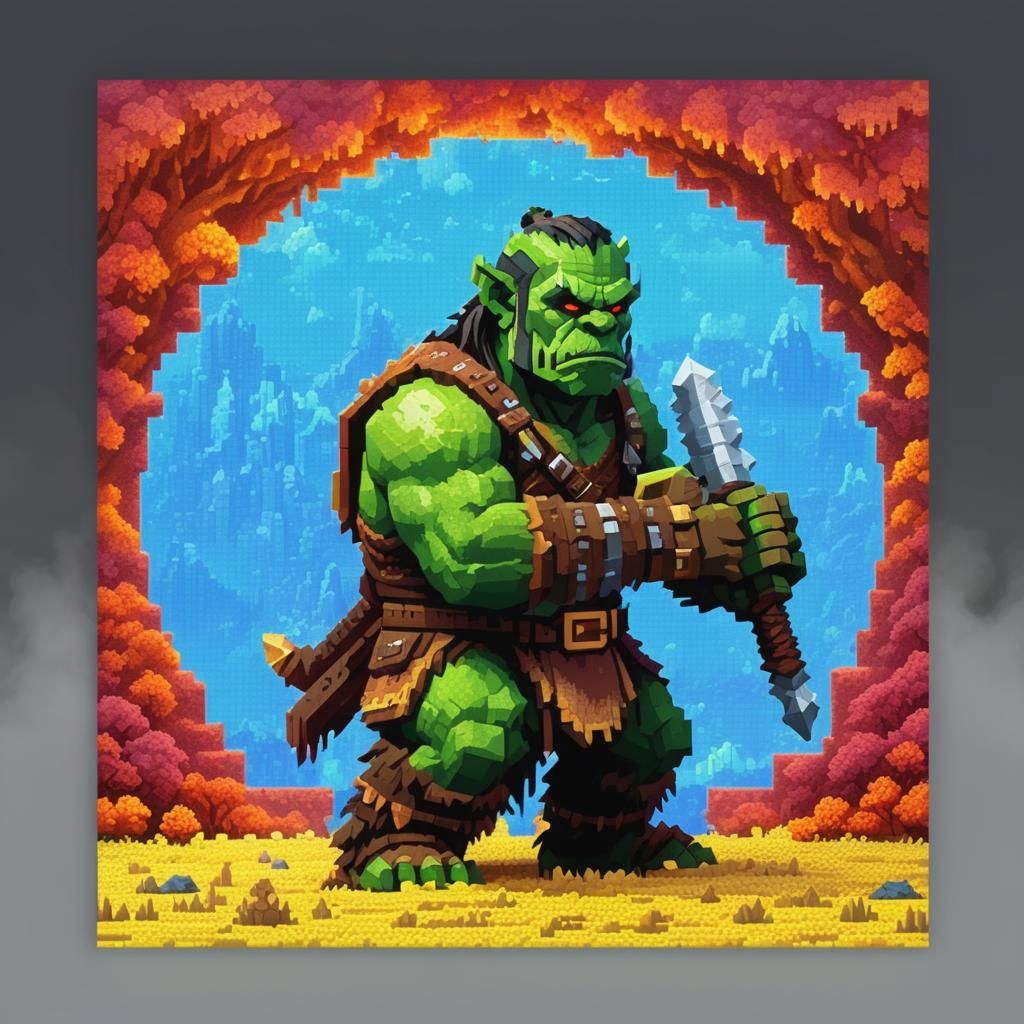 8-bit Orc Warrior in Dreamy Pixelated Landscape