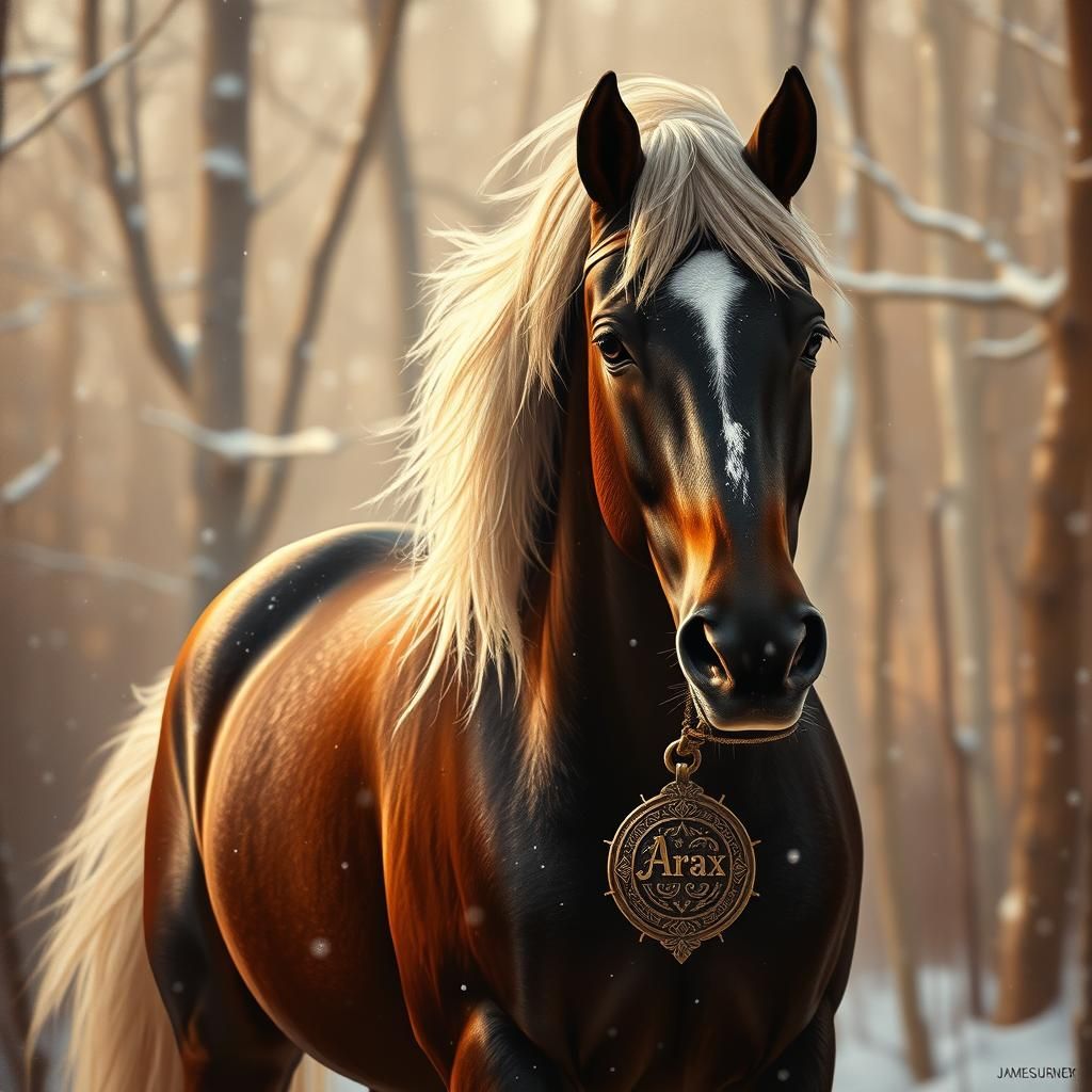 Majestic Arabian Horse in Winter Woodland as Oil Painting