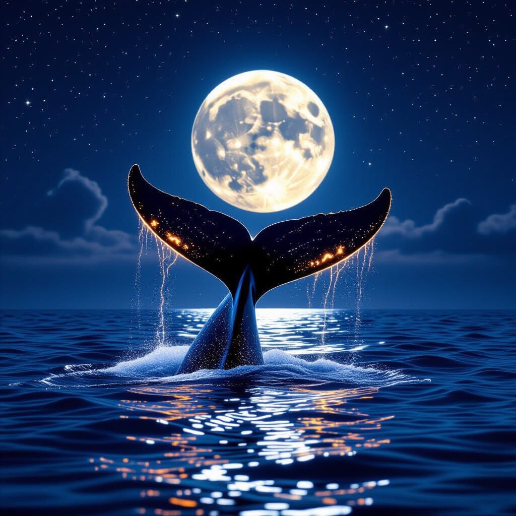 Humpback Whale Tail with Glowing Swirls at Night