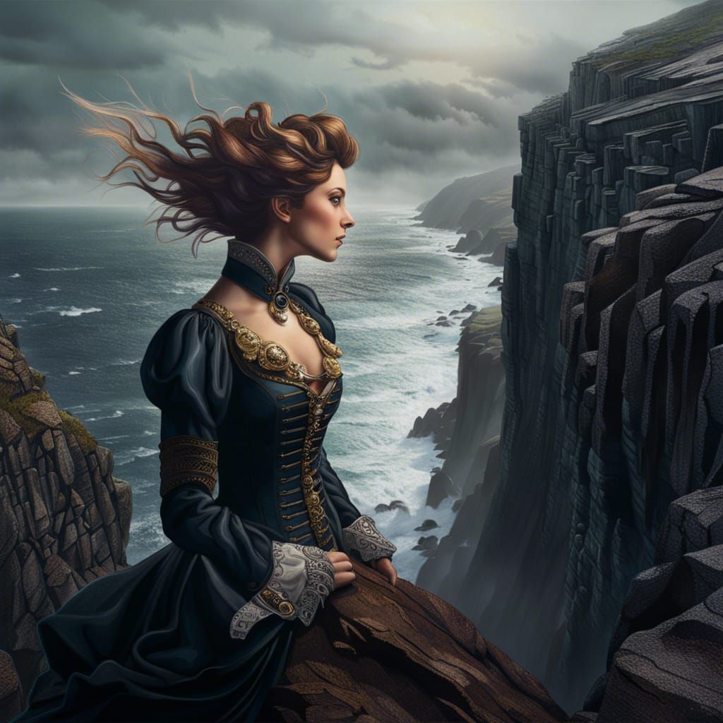 Steampunk Victorian Lady on Stormy Cliff