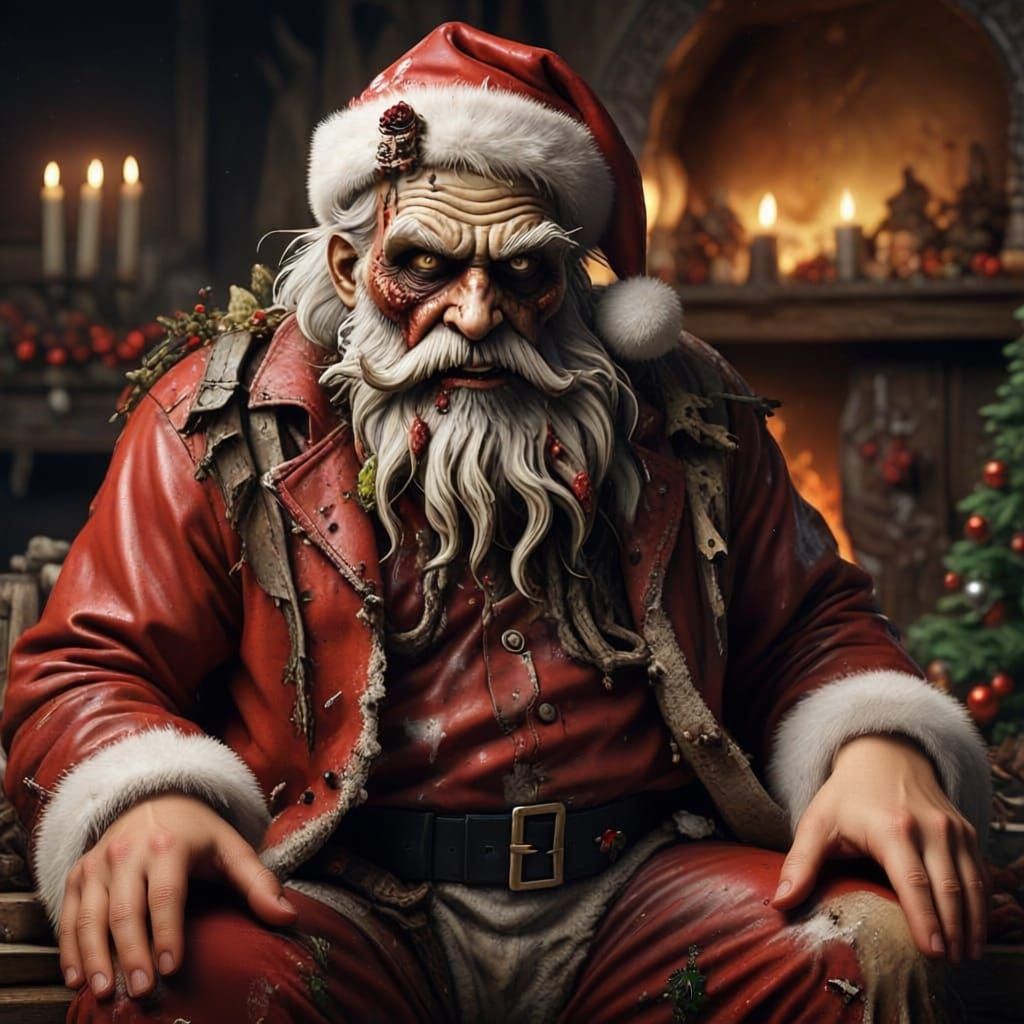 Decaying Zombie Santa Claus Holding Skull in Tattered Outfit