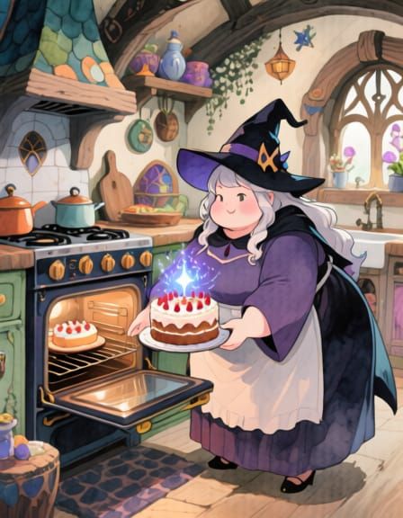 Whimsical Sorceress Baking Magic Cake in Cozy Cottage