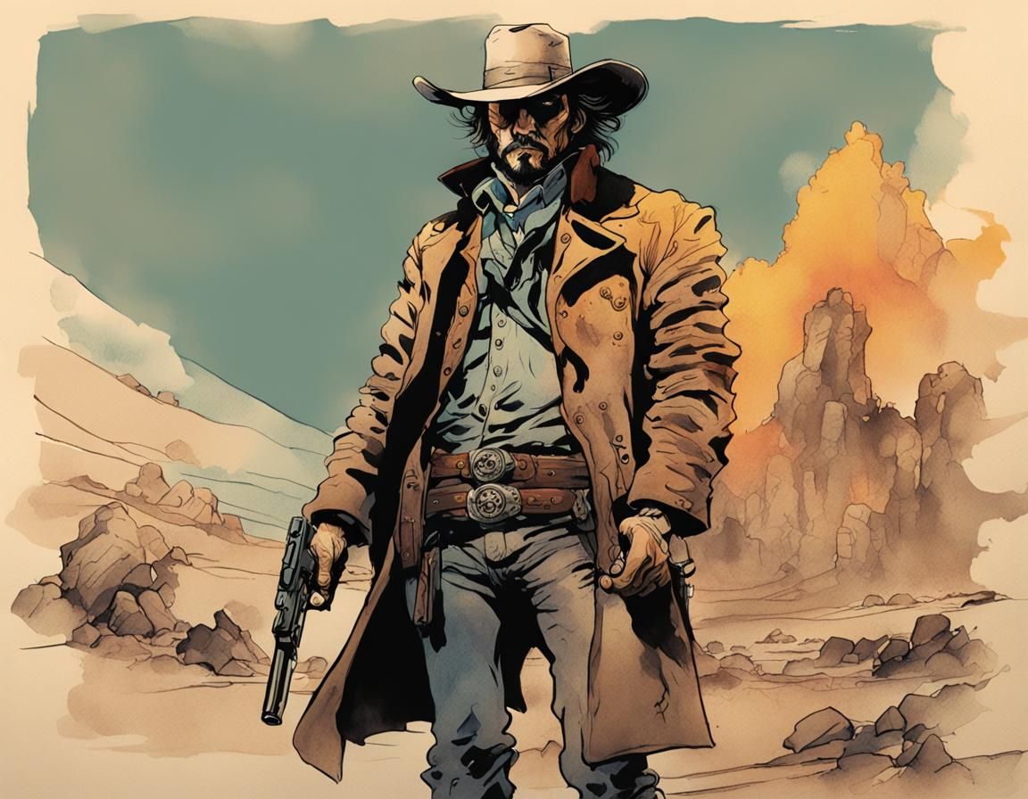 Western Outlaw Ink Sketch in Watercolor Style