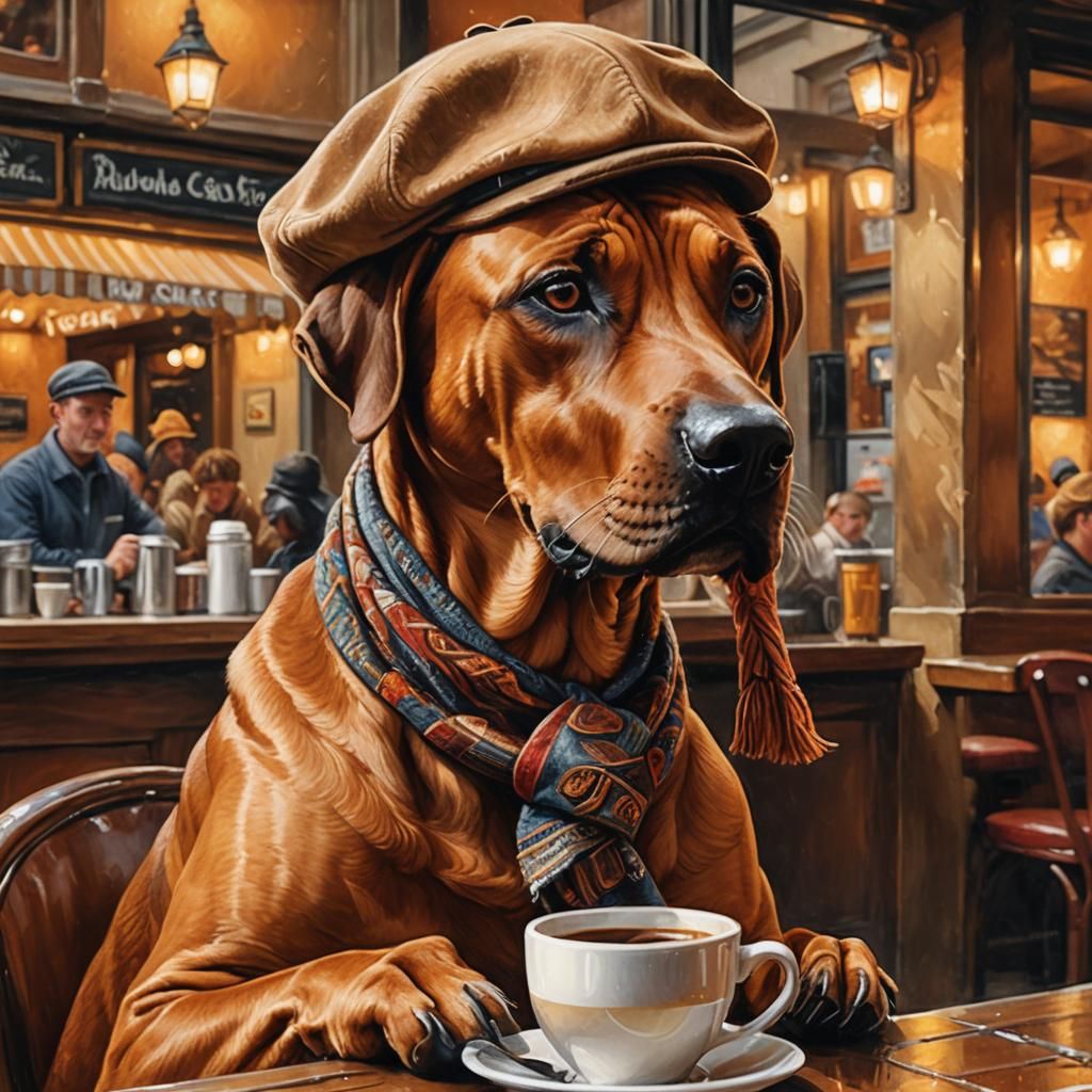 Ridgeback Sips Coffee in French Cafe as Oil Painting