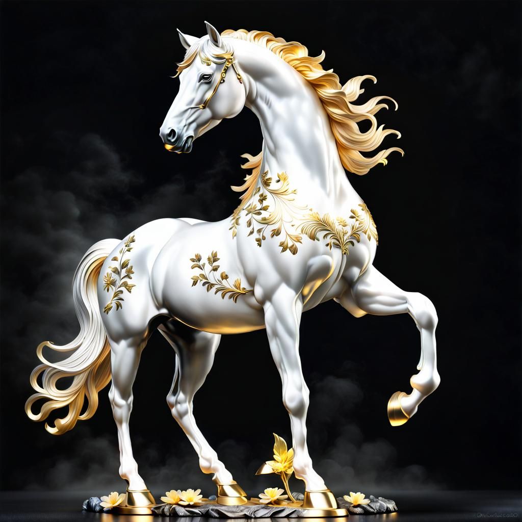 A silver horse figurine with gold pattern design