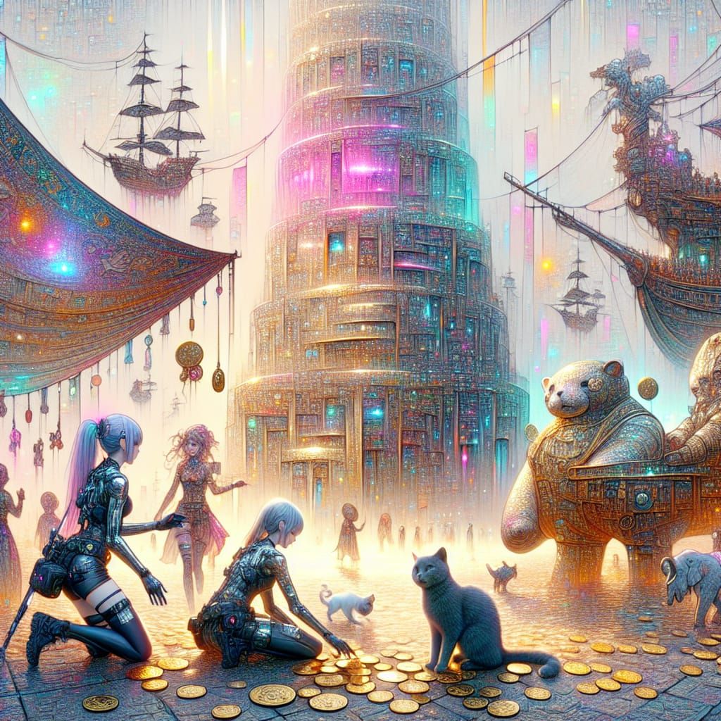 Cyberpunk Tower of Babel with Pirate Ship