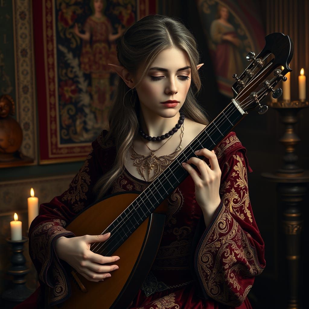 Beautiful Elf Plays Lute in Ornate Setting