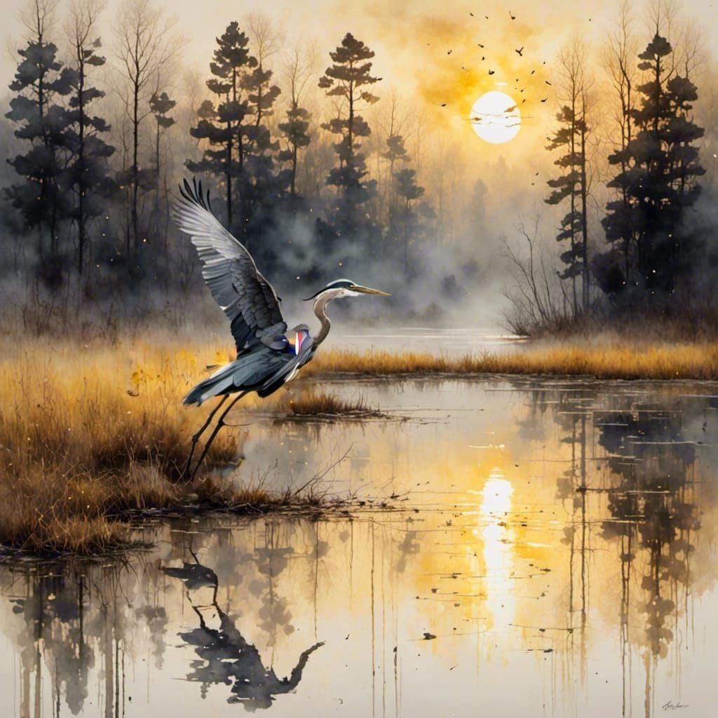 Heron at Dawn: Antique Watercolor Lake Scene