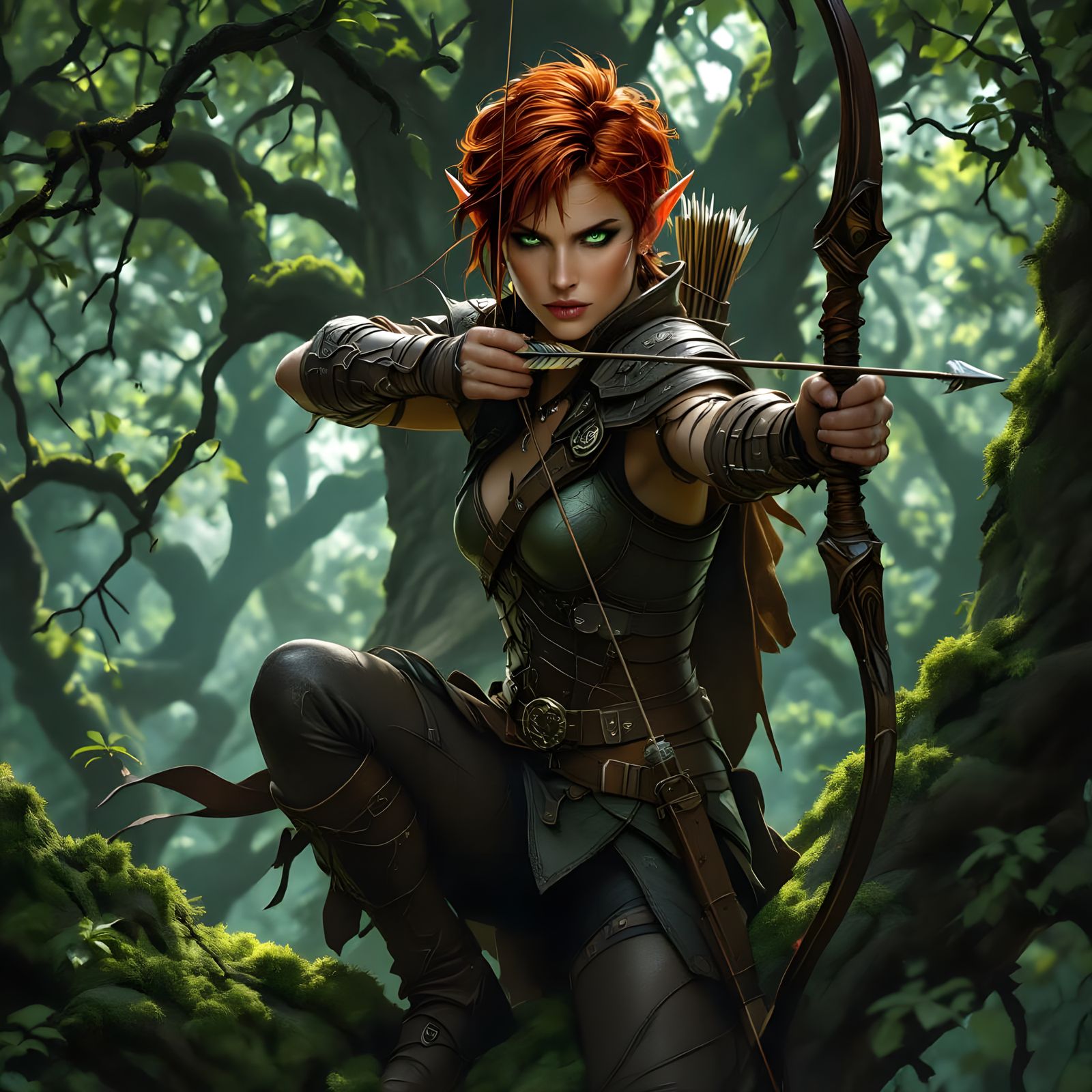 Elven Huntress in Mystical Forest, Dark Fantasy Art