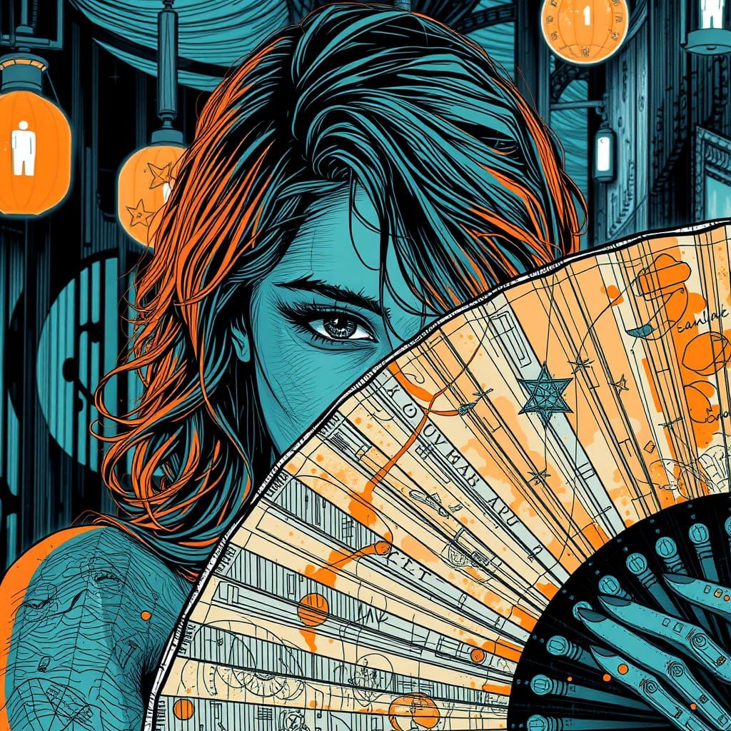 Woman Hides Behind Fan in Intricately Detailed Line Art