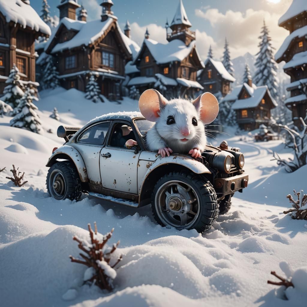 Mouse on Motorbike in Snowy Fantasy Landscape