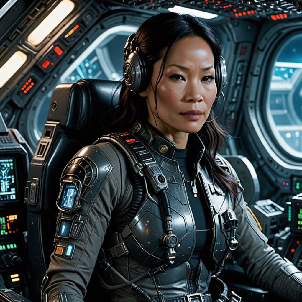 Cyberpunk Pilot: Lucy Liu in Space Fighter Jet