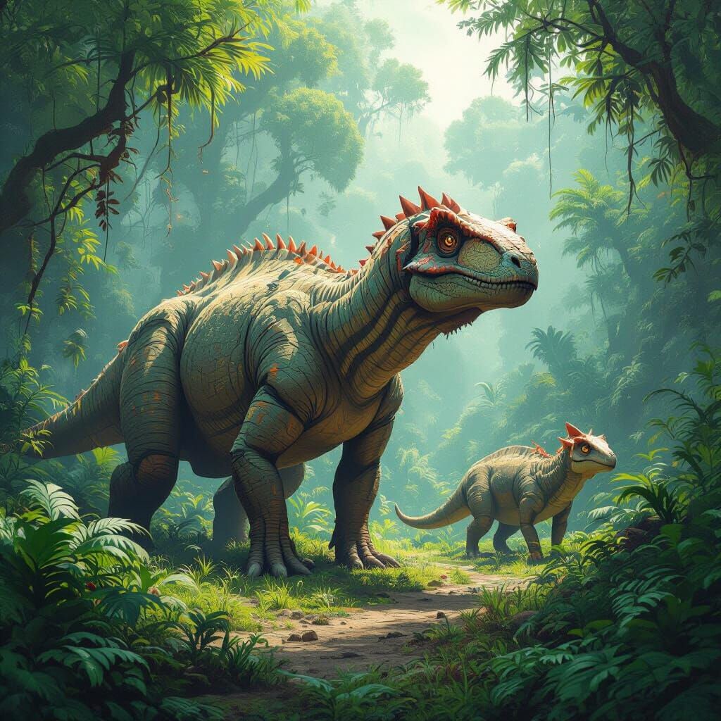 Exotic Prehistoric Animals in Lush Environment