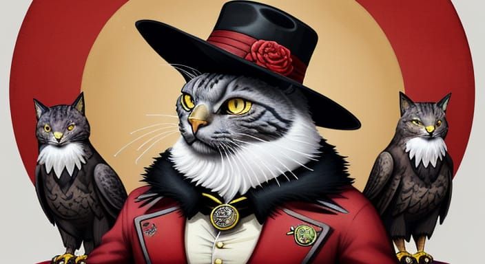 Fluffy Grey Cat wearing large red Carmen Sandiego hat