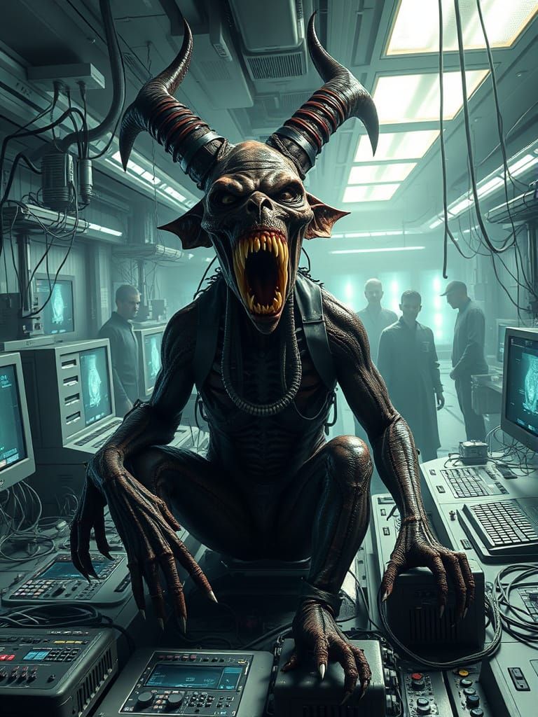 Tentacled Demon in Futuristic Lab, Digital Art