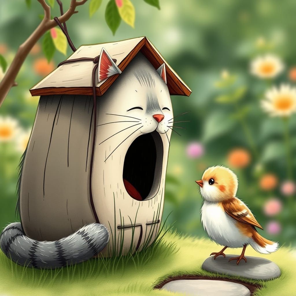 Whimsical Cat Birdhouse in Beatrix Potter Style