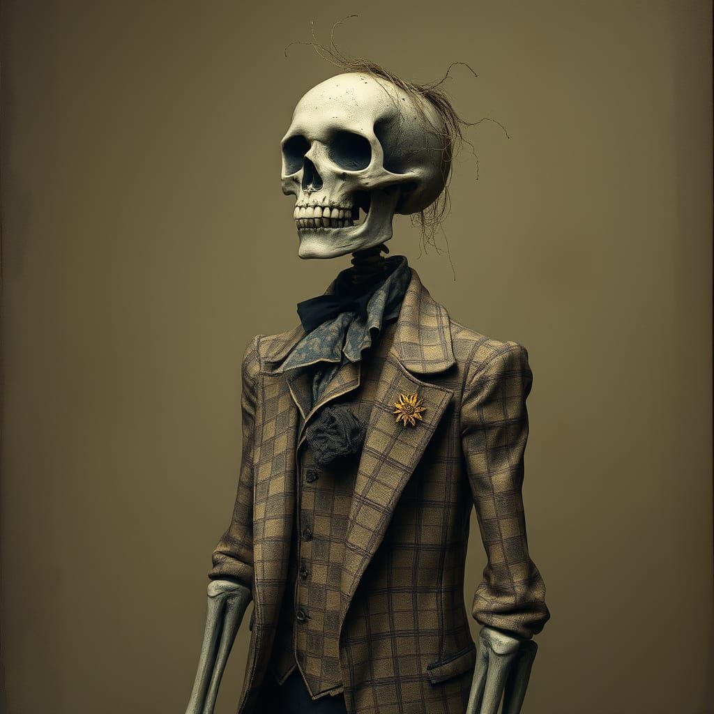 Surreal Skeleton Figure in Tattered Victorian Suit