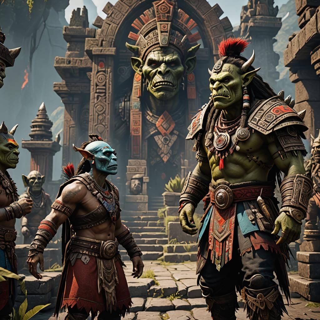 Orc Worshipper in Aztec Clothes: Detailed Fantasy Art