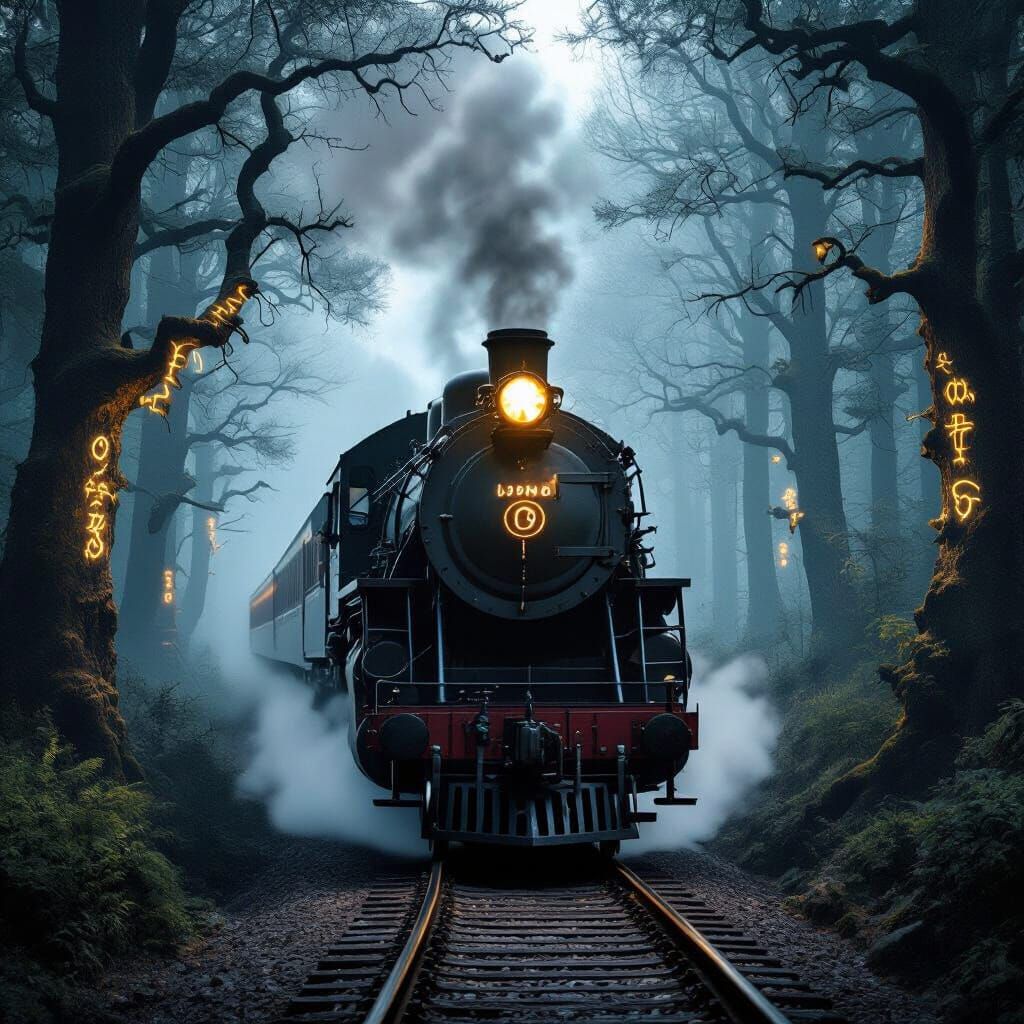 Vintage Steam Train in Enchanted Misty Forest