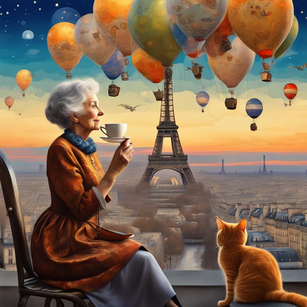 Lady and Cat Over Paris in Klimt Style