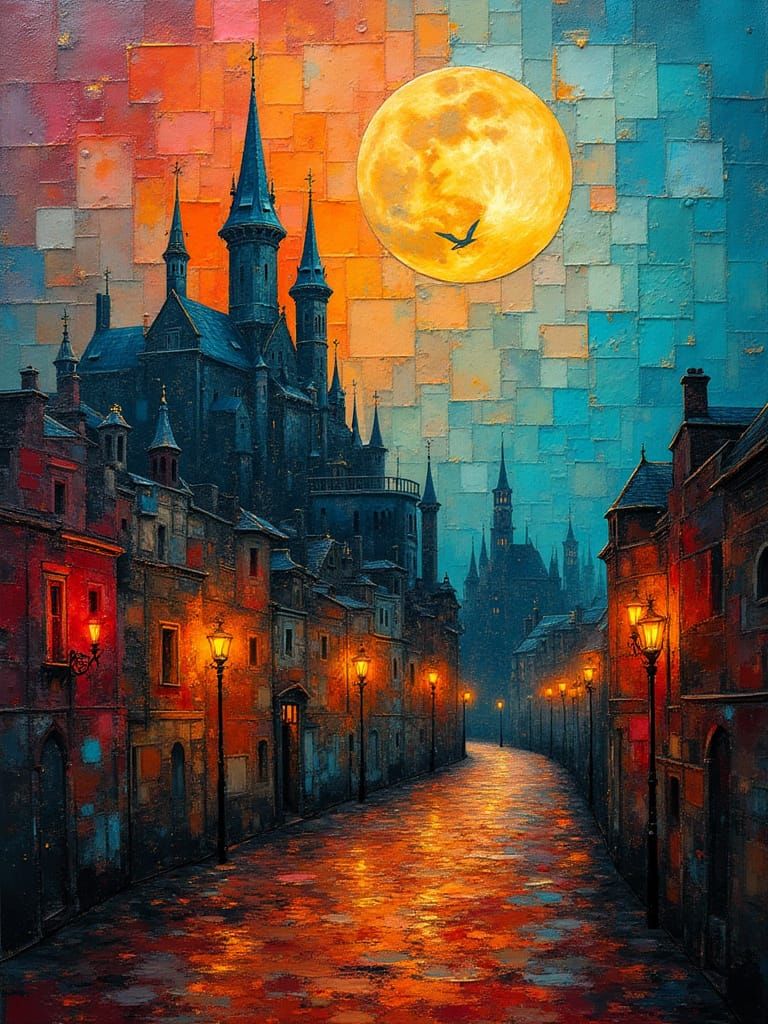 Fairytale Castle Under Full Moon in Impasto Style