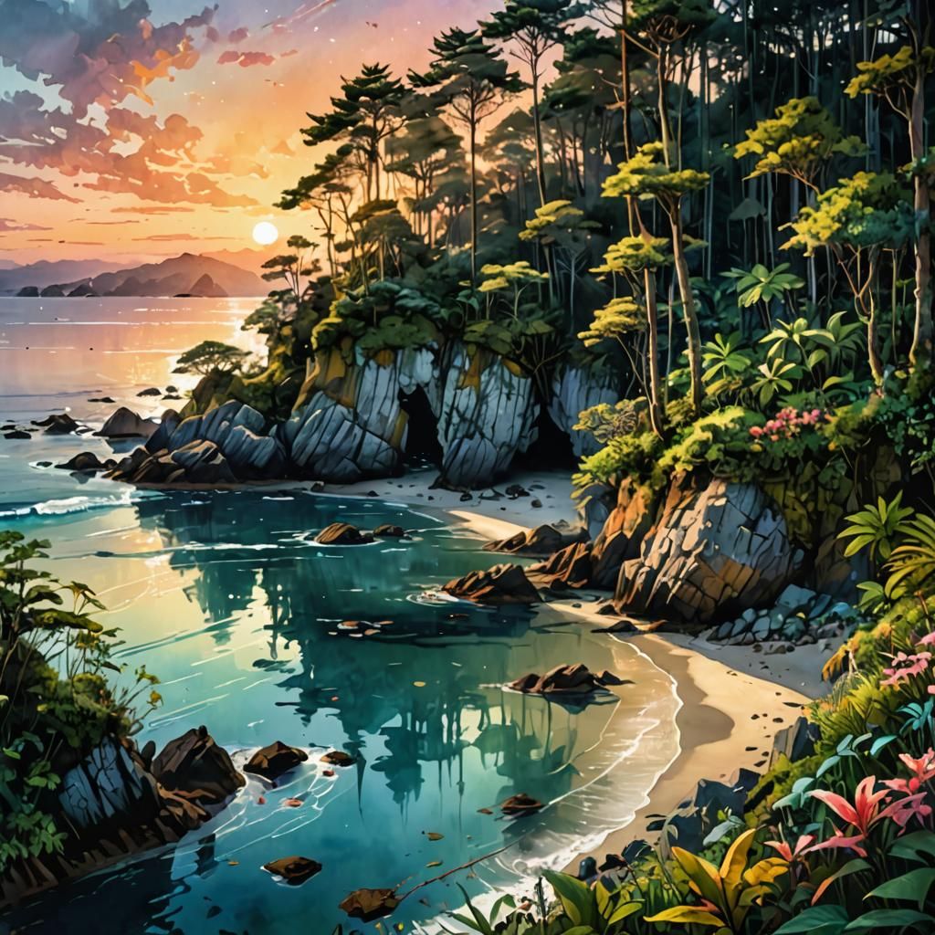 Lush Cove Sunset: A Digital Watercolor Illustration