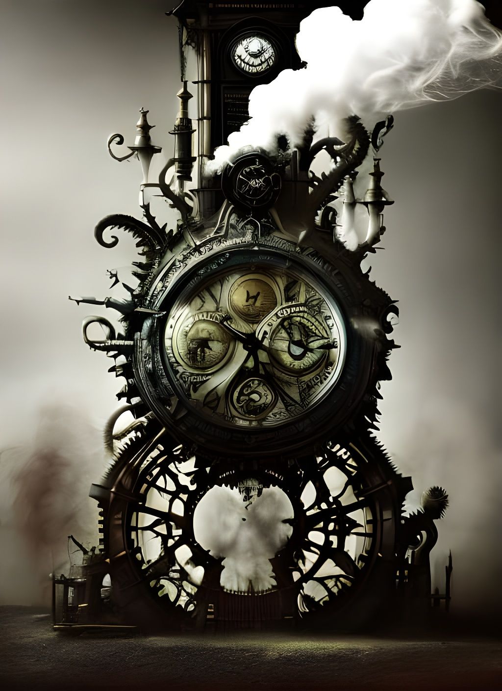 Ornate Steampunk Time Machine with Black Smoke