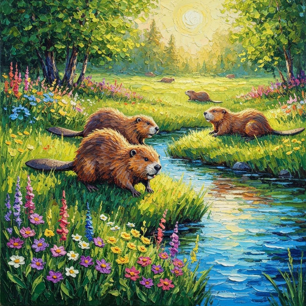 Playful Beavers in Sun-Drenched Meadow as Impasto Painting