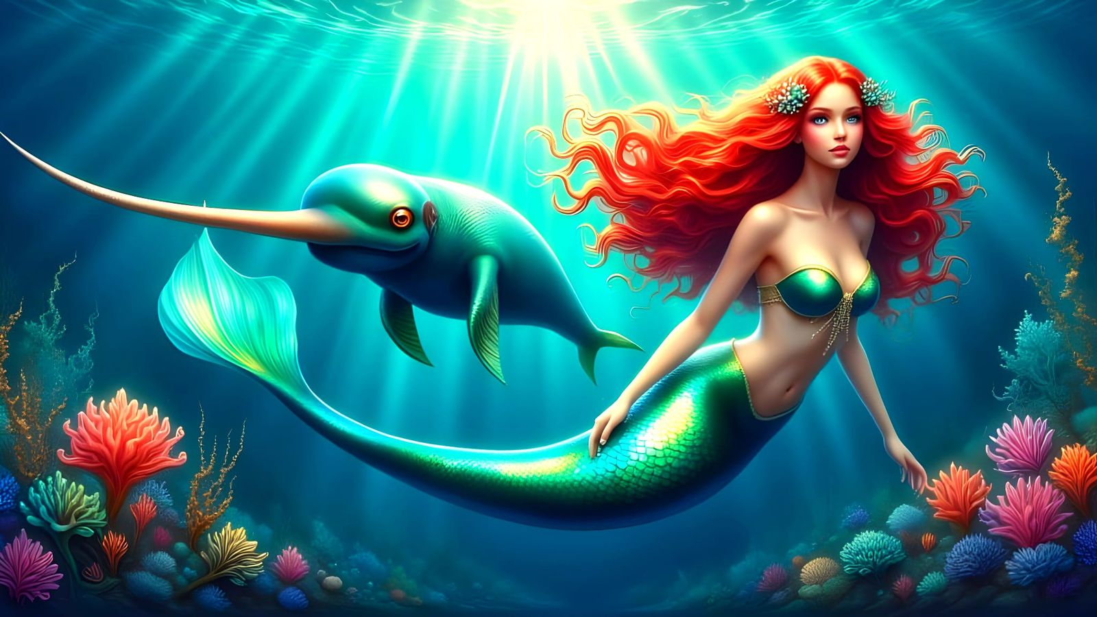 Mermaid and Narwhal Friends in Deep Sea