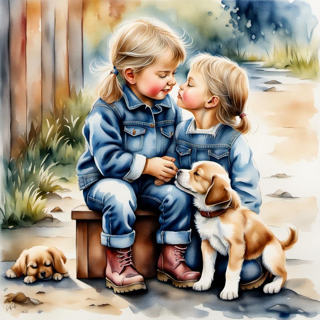 Affectionate Children Kissing Puppy in Watercolor Style