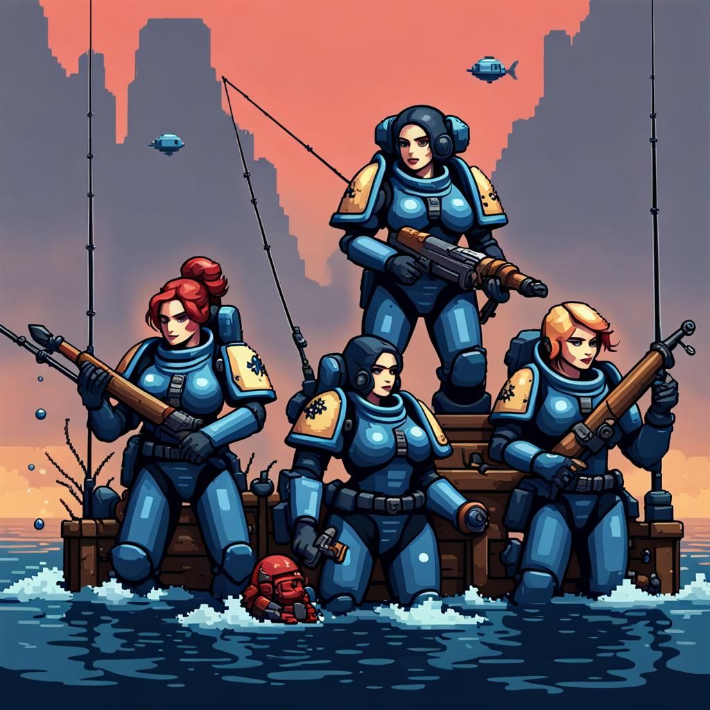 Female Space Marines Fishing in Pixel Art